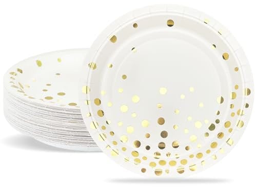 ZVK Platos de Papel, 24 piezas Platos de cena de fiesta Blanco con Puntos de lámina dorada 23cm Platos desechables para Cumpleaños, Fiesta, Año Nuevo, Agradecimientos