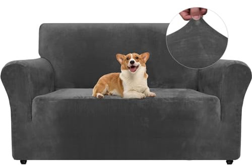 Ystyle Samt Sofabezug 2 Sitzer, Stretch Sofa Überzug, Sofaschoner rutschfest, Elastischer Couch Überzug, Sofa Cover Mit Armlehnen, Couchüberzüge Sofaschutz Katze Couch Überwurf, Grau