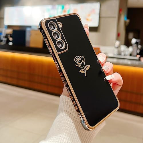 leobray Compatible with Samsung Galaxy S22 5G Case,Creative Rose Flower Floral Pattern Electroplated Design Soft TPU Shockproof Case Full Camera Lens Protective Cover for Samsung Galaxy S22-Black
