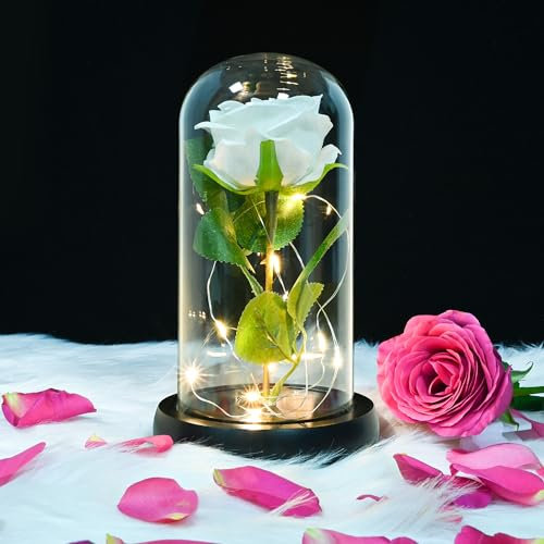 QUELIEN Roses blanches artificielles pour elle, cadeaux d'anniversaire pour femme, fausses roses blanches lumineuses dans un dôme en verre, cadeaux pour Noël, Saint-Valentin, petite amie, maman