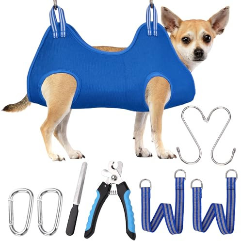 OVTEXZOG Dog Grooming Hammock Harness, Dog Sling for Nail Clipping/Trimming,Pet Grooming Restraint Bag with Nail Clippers Trimmer,Dog Grooming Supplies Kit for Claw Care (XX-Small 8LB Max/Blue)