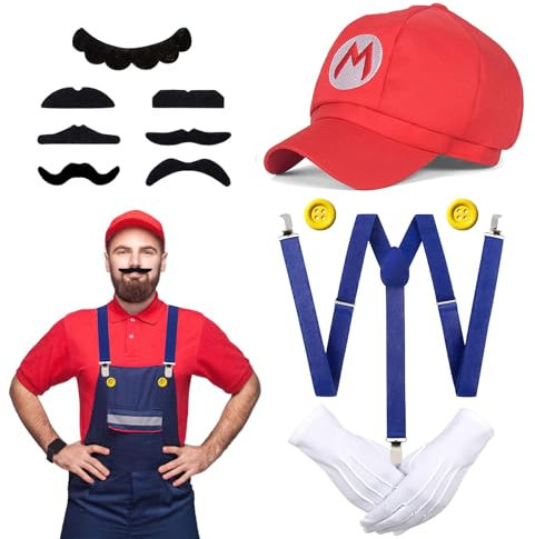 FainFun Luigi Kostüm Accessories, Karneval Kostüm,Super Bros Mütze rot,Bros Luigi Kostüm Set Cosplay Kostüm Outfit Kostüm Unisex,Erwachsene Outfit für Karneval Faschingskostüme Geburtstags Party