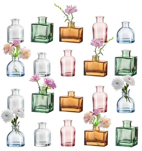 Hewory Kleine Vasen für Tischdeko: 20er Bunt Mini Vasen Set Verschiedene Deko Vase Glas, Kleine Glasvasen Mini Glasflaschen Vasen Deko, Kleine Blumenvasen für Hochzeitsdeko Party Deko Wohnzimmer