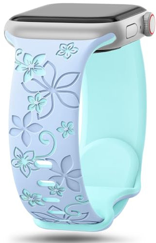 Floral Engraved Bands Compatible with Apple Watch Band 41mm 40mm 44mm 45mm 42mm 38mm 46mm 49mm for Women,Cute Flower iWatch Bands Soft Silicone Sport Strap for iWatch Series SE 10 9 8 7 6 5 4 3 2 1