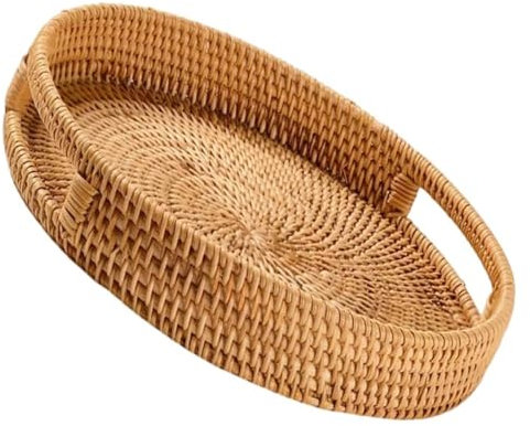 Handmade Rattan Basket,Rattan Tray 13.8 Inch Round Rattan Woven Serving Tray Decorative Display Tray with Built-In Handle Rattan Basket for Breakfast Drinks Snack Serving Tray for Home Decor