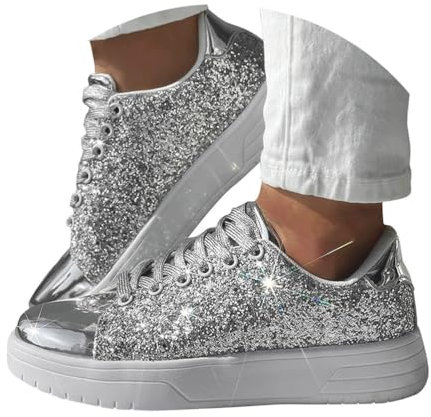Minetom Damen Pailletten Sneaker Glitzer Schuhe Flache Low Outdoor Laufschuhe Schnürsenkel Walkingschuhe Sportschuhe A Silber 40 EU