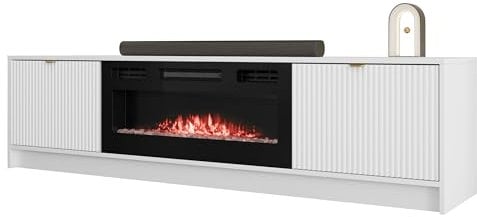 Mirjan24 Mobile TV Tireno EF con camino elettrico con riscaldamento, fiamma LED realistica, 2 lembi, frontale fresato, mobile TV, TV Lowboard (bianco)