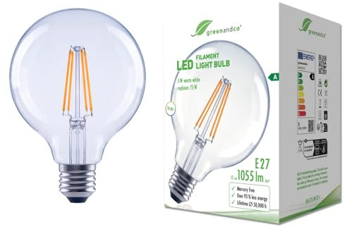 greenandco Glühfaden LED Lampe | klar | E27 G125 | 5W 1055lm | ersetzt 75W | 2700K warmweiß | 320° | 230V | flimmerfrei | Energieeffizienzklasse A | nicht dimmbar
