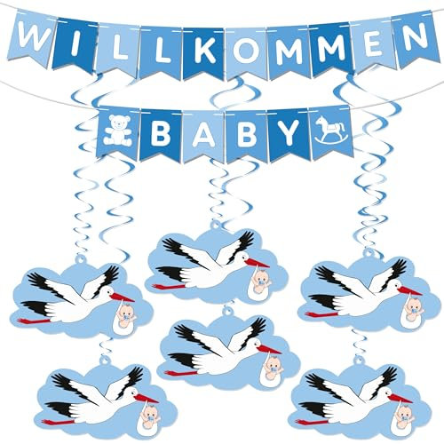 BRUBAKER Willkommen Baby Girlande für Jungen - Wimpelkette mit Storch Anhängern und Deko Wirbel Spiralen - Willkommensdeko Set für Zuhause, Babyparty und Babyzimmer Dekoration - Hellblau