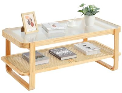 VEVOR Rattan-Couchtisch rechteckiger Kaffeetisch aus geflochtenem Rattanholz mit Tischplatte aus gehärtetem Glas, 115 cm moderner Boho-Couchtisch mit Stauraum & Beinen aus Naturholz, Wohnzimmer