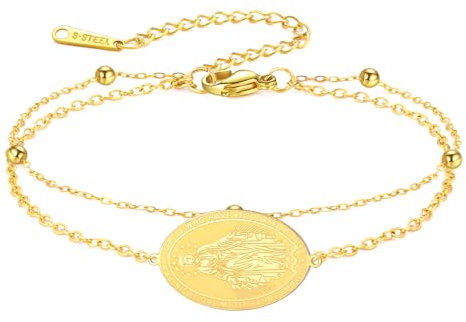 TEAMMER Zierliches Jungfrau Maria Rosenkranz Armband Mutter Mary Doppelschichtiges Perlenkettenarmband Religiöser Glaube-Schutzschmuck für Frauen und Männer (Gold)
