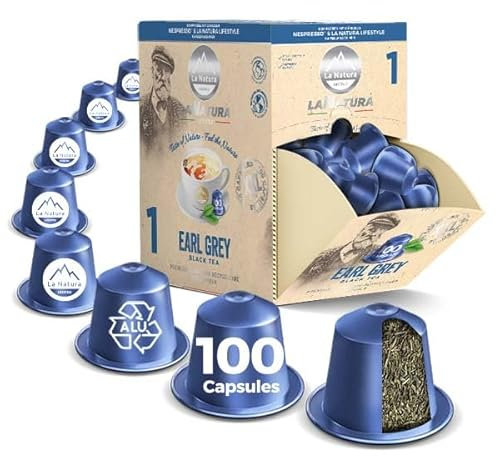 Premium EARL GREY TEE, 100 capsules de thé compatibles avec les machines à capsules Nespresso, thé noir au goût de bergamote, par La Natura Lifestyle