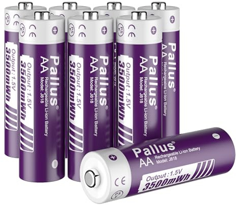 Pallus Lot de 8 Piles Lithium AA Rechargeables de 3500 mWh (1,5 V, 2 333 mAh) Haute Capacité, Décharge Max. 3 A, Cycles Supérieurs à 1600 Cycles, Charge Rapide en 2 Heures