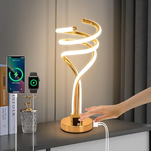 EIDISUNY Modern LED Table Lamp, 3 Color Temperatures,Touch Control Curve Dimmable Bedside Table Lamps with USB Ports, Touch Control LED Nightstand Lamp, Desk Lamp for Living Room, Bedroom - Gold