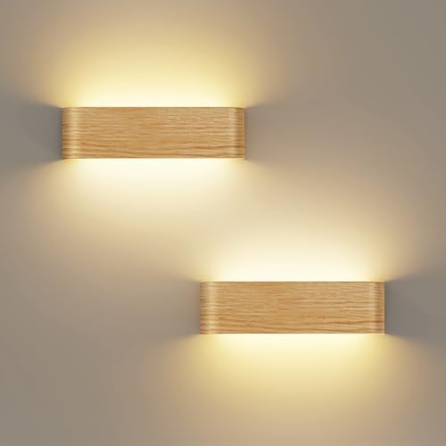 OOWOLF 2er-Set Wandleuchte Innen, 16W, 29.5cm, einstellbarer Farbtemperatur 3000K/4500K/6000K, Up-Down-Licht, Aluminium, Holzoptik, für Flur, Schlafzimmer, Treppenhaus & Wohnzimmer