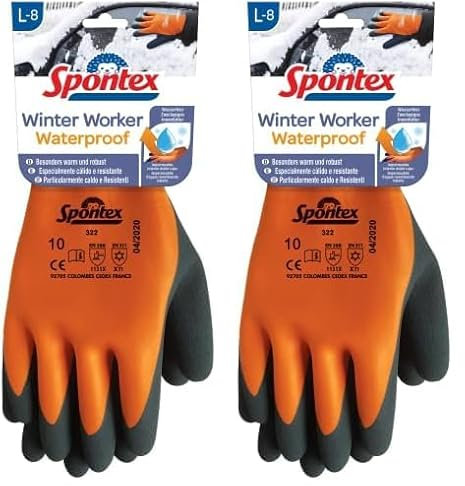 Spontex Winter Worker Waterproof Handschuhe, Wasserfeste Arbeitshandschuhe mit zweilagigem Innenfutter, hoher Kälteschutz, mit Latexbeschichtung, Größe L, 1 Paar, Orange/Schwarz (Packung mit 2)