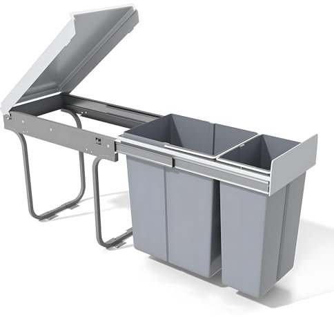ANGDI Poubelle double coulissante, 20 L x 2, avec couvercle, pour rangement sous meuble, poubelle coulissante sous évier, poubelle de recyclage pour placard de cuisine et buanderie