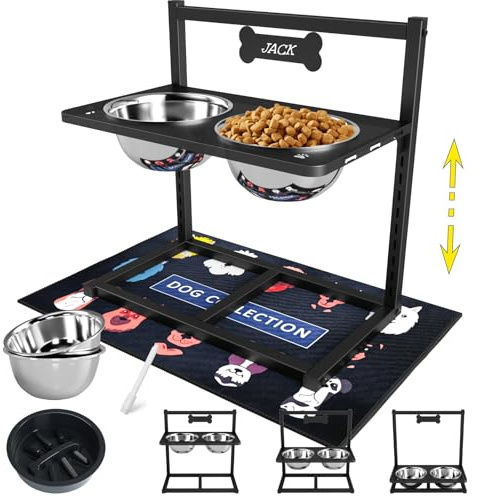 ADENGL 9 Height Adjustable Dog Bowl Stand with Two 1.7L Stainless Steel, Slow Feeder Bowls and Nonslip Pad, Perfect for Medium and Large Dogs