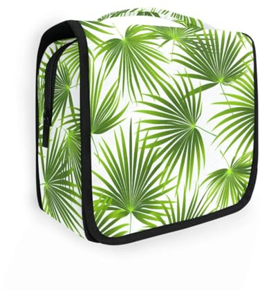 Trousse de maquillage de voyage avec crochet de suspension - Motif feuilles de palmier - Avec compartiments et poignée - Vert