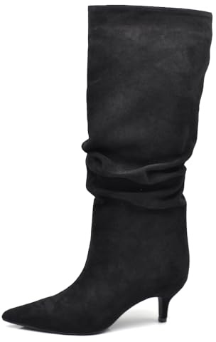 IF Stivali alti donna scamosciato con tacco basso a spillo gattina KITTEN HEELS arricciato elegante e confortevole A9811 nero N.38