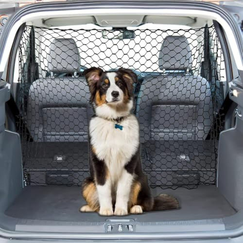 SHYSBV Net Dog Guard for Car Boot, 120cmx70cm Dog Car Barrier Net Pet | Car Divider for Dogs with 4 Hooks and Adjustable Straps, Universal Back Seat Barrier Mesh for Trucks, SUV, Full Sized Sedans