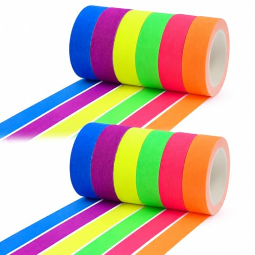 12PCS Neon Klebeband, Fluoreszierendes Klebeband, 5 m x 15 mm, UV Schwarzlicht Tape, Farbiges Klebeband Bunt als Markierungsband, Fluoreszierendes Neon Tape für Party, Deko, Bastel- andwerksprojekte