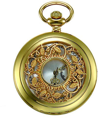 JewelryWe Retro Taschenuhr Golden Gehäuse Hohle Blumen Muster Herren Damen Analog Quarz Uhr Kettenuhr mit Halskette Kette Pocket Watch Geschenk