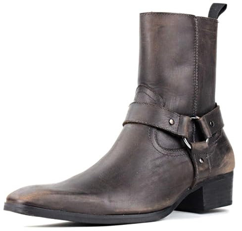 COWSDELLA Stivali da uomo in pelle con suola in gomma Stivali da Moto da Motociclista Cowboy con cerniera Chukka Stivaletti Classico Tacco Alto