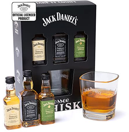Jack Daniels Gift Set - Jack Daniels Whiskey 3x 5cl Honey, Apple, JD Whisky Old No7 Alcohol Miniatures, JD Tennessee Whiskey Glass - Birthday Gifts for Men, Boyfriend, Mens Valentines Gifts for Him