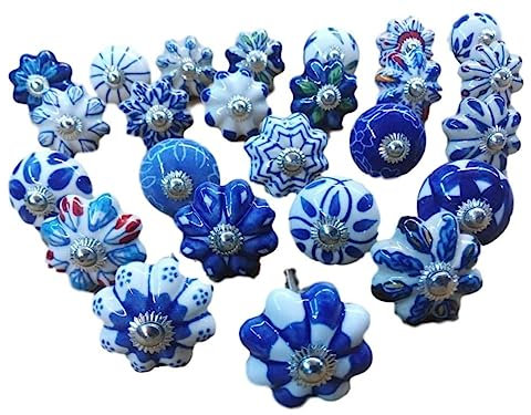 Ajuny Set of 25 Ceramic Knobs Blue Cupboard Cabinets and Furniture Pulls for Kitchen Bathroom Dresser Drawers Pottery Decorative Handles Knobs
