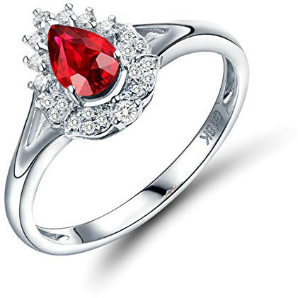 Bishilin Eheringe 750 Weißgold, Verlobungsring Frauen Ring Diamant Weißgold Solitärring Tropfen Rubin 0.52ct Gr.62 (19.7)