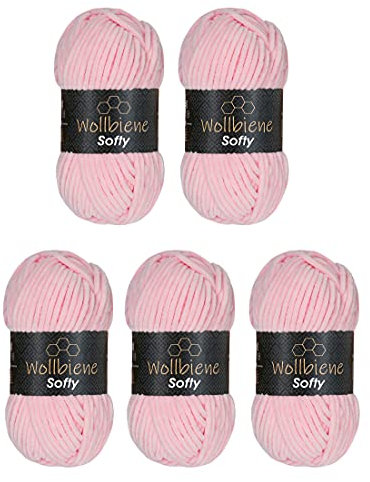 Wollbiene Softy 5 x 100 Gramm Chenillewolle Strickwolle, Babywolle, 500 Gramm Wolle Super Bulky (rosa 81)