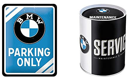 Nostalgic-Art PO26177 BMW – Parking Only Blue – Geschenk-Idee für Auto Zubehör Fans, Bunt, 15 x 20 cm & Retro Spardose, Sparschwein aus Metall, Bunt, 1 l