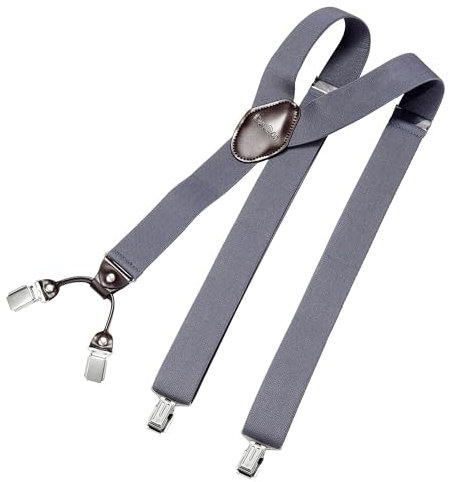 DonDon Hosenträger Herren extra stark grau-blau 3,5 cm Hosenträger Herren breit mit brauem Leder in Y-Form lang - Starke Clips passend für Anzug Jeans Chinos Vintage Rockabilly Suspenders