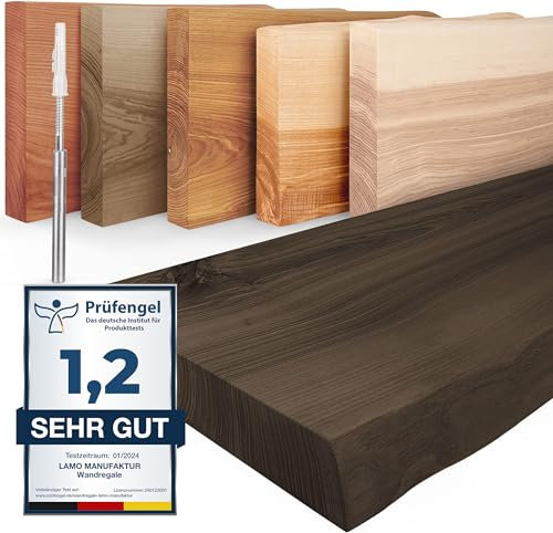 LAMO Manufaktur Wandregal Holz Baumkante | Regal Farbe: Schwarz | Invisible: Schweberegal | 50 cm