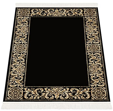 Belle Arti Luxus Wohnzimmer Schlafzimmer Teppich Wohnzimmerteppich schwarz Gold Barock Stil Kurzflor K-Seidenglanz Antirutsch Fransen ökologisch - schwarz, 200x280 cm