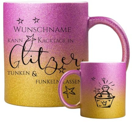 ORWONet personalisierte Glitzertasse mit Namen | 330 ml Glitzer-Keramik-Tasse mit Spruch & Wunschnamen | Made in Germany | hochwertige Keramik (Pink-Gold, Kacktage funkeln)