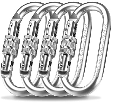 EMEKIAN Locking Carabiner Clips, Heavy Duty Climbing Carabiners, 25 KN (2550 KG), Silver