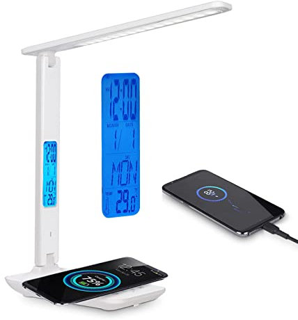 SIC Lámpara de Escritorio LED, Cargador de Teléfono Inalámbrico y Puerto USB, 5 Niveles de Brillo Plegable con Despertador, Calendario, Indicador de Temperatura, Adecuado para Habitación Infantil