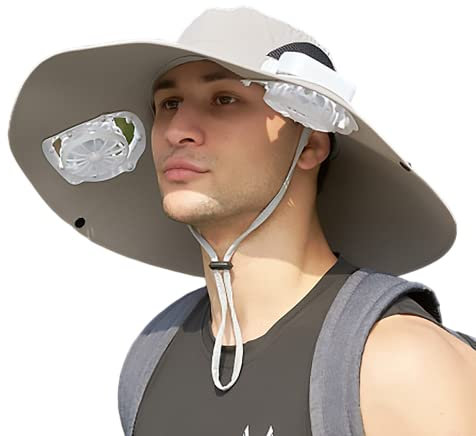 Mens Sun Hat with 2 Fan, Summer Cooling Wide Brim Bucket Hat, Beach Hat Garden Hat, Solar + USB Dual Power Supply, Grey 1#, One size