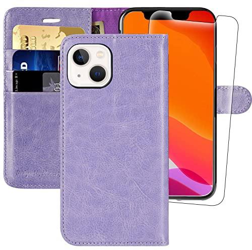 MONASAY Wallet Case for iPhone 14 with 3 Card Holders - Lavenders | Kickstand,RFID Blocking,6.6 feet of shock absorption,PU Leather, Strong Magnetic Closure, Fits 6.1 inch ONLY,Protective film
