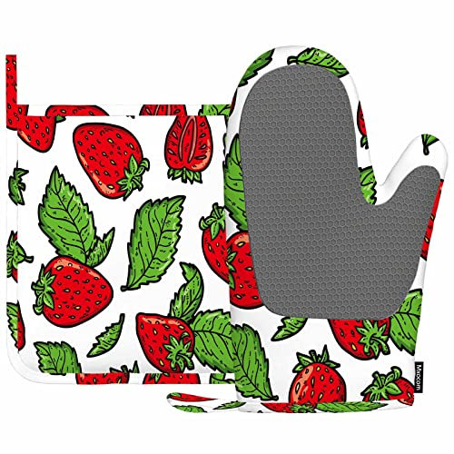 Mxocom Silikon-Ofenhandschuhe und Topflappen, Erdbeer-Muster, rote Erdbeeren und grüne Blätter, Grillhandschuhe für Küche, Kochen, Backen, Grillen
