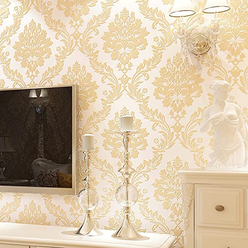 Q QIHANG Europäische Luxus-3D-Blumen-Damast-Tapete für Schlafzimmer Wohnzimmer Hintergrund Retro Home nicht geklebte Tapetenrolle 4,5 cm B x 82,8 cm L (Beige)