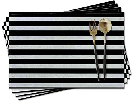 Stoff-Tischsets, 45,7 x 30,5 cm, 100 % Baumwolle, Leinen, dekorativ, waschbar, Tischset für Esszimmer, Küche und Camping, schwarz-weiß gestreift, 4 Stück