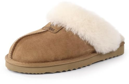 FANTURE Fluffy Shearling Women Slippers,Warm Lining,Chestnut,Size 8