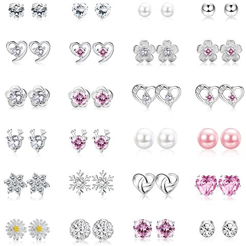 KRFY Ohrstecker Silber 925 für Damen Mädchen Sterling Silber Ohrstecker Perle Kristall Rund Herz Blume Ohrstecker Hypoallergen Cubic Zirkonia Diamant Ohrstecker Set 24 Paar Rosa