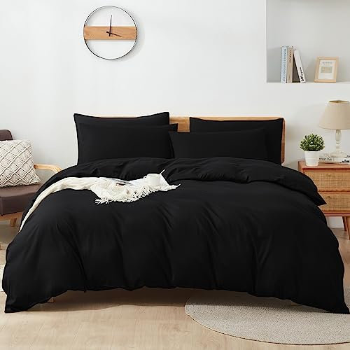 Bettwäsche 200x220 Baumwolle Schwarz, 100% Baumwolle Bettbezug aus Atmungsaktive, Bettwäsche-Set mit 2 Kissenbezüge 80x80 cm+ 1 Bettbezug mit Reißverschlus