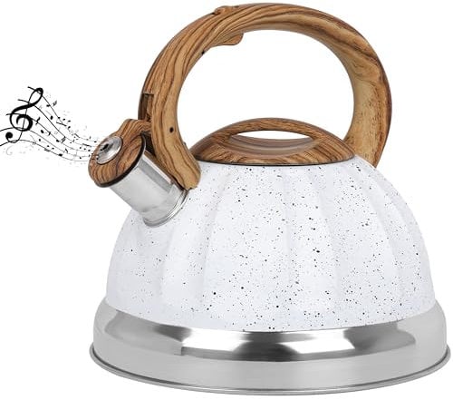 Belle Vous Tetera Blanca 3L de Inducción con Silbato - Hervidor de Agua Silbante Vintage para Cocina de Gas o Induccion Vitroceramica Cocina o Camping - para Te Café e Infusiones