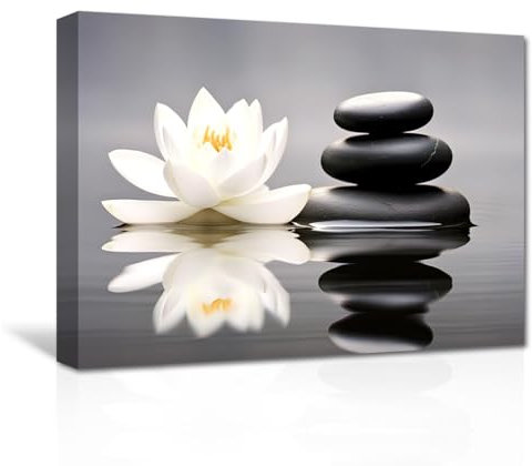 CXHOSTENT Zen Leinwandbilder weißer Lotus und Spa Steinblüte im Wasser Kunstdrucke für Yoga Meditation spiritueller Raum gerahmt (A, 50.00 x 75.00 cms)