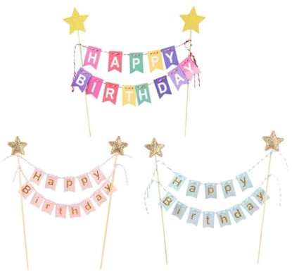 3 Stück Cake Topper Banner,Wimpelketten Happy Birthday Tortenstecker Set, Kuchendeko für Geburtstag, Schön Kuchentopper für Kuchen Dekoration(3 Farben)